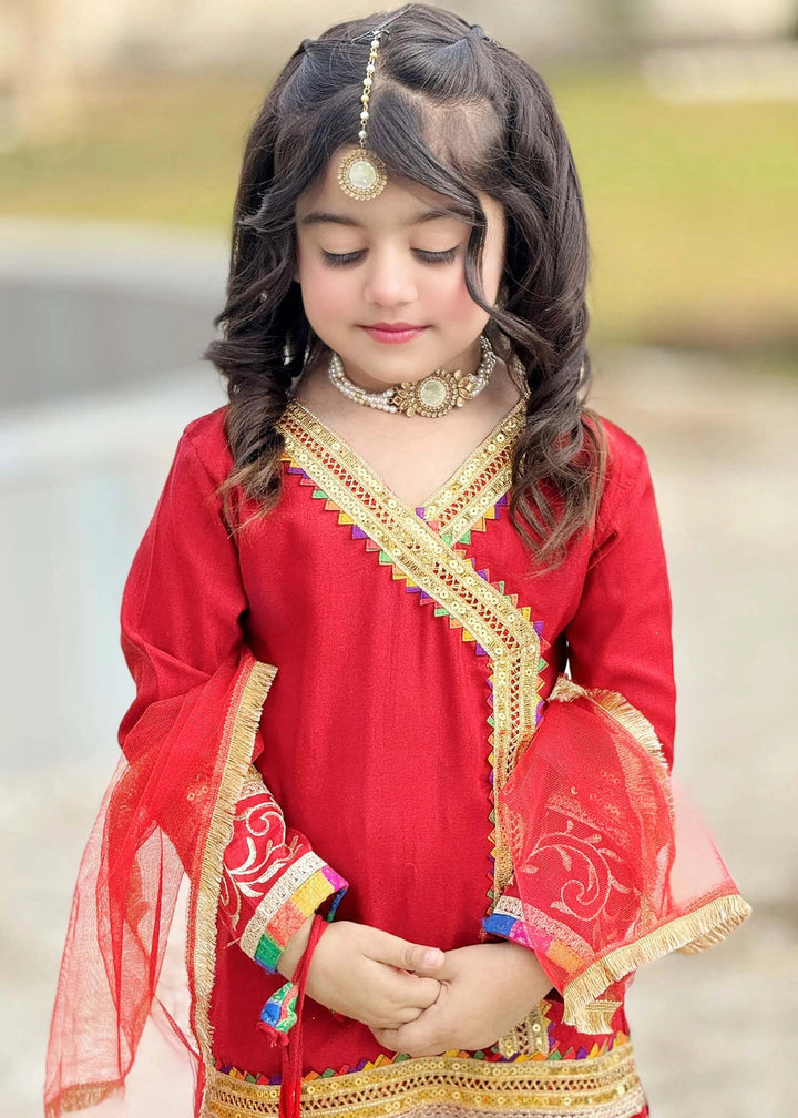 Modest - Raw Silk Wedding Dress For Girl - Red - 3 Piece