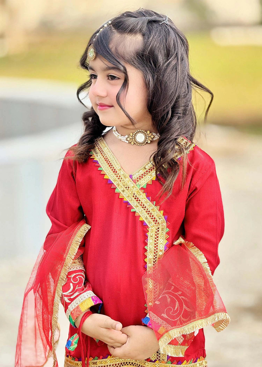 Modest - Raw Silk Wedding Dress For Girl - Red - 3 Piece