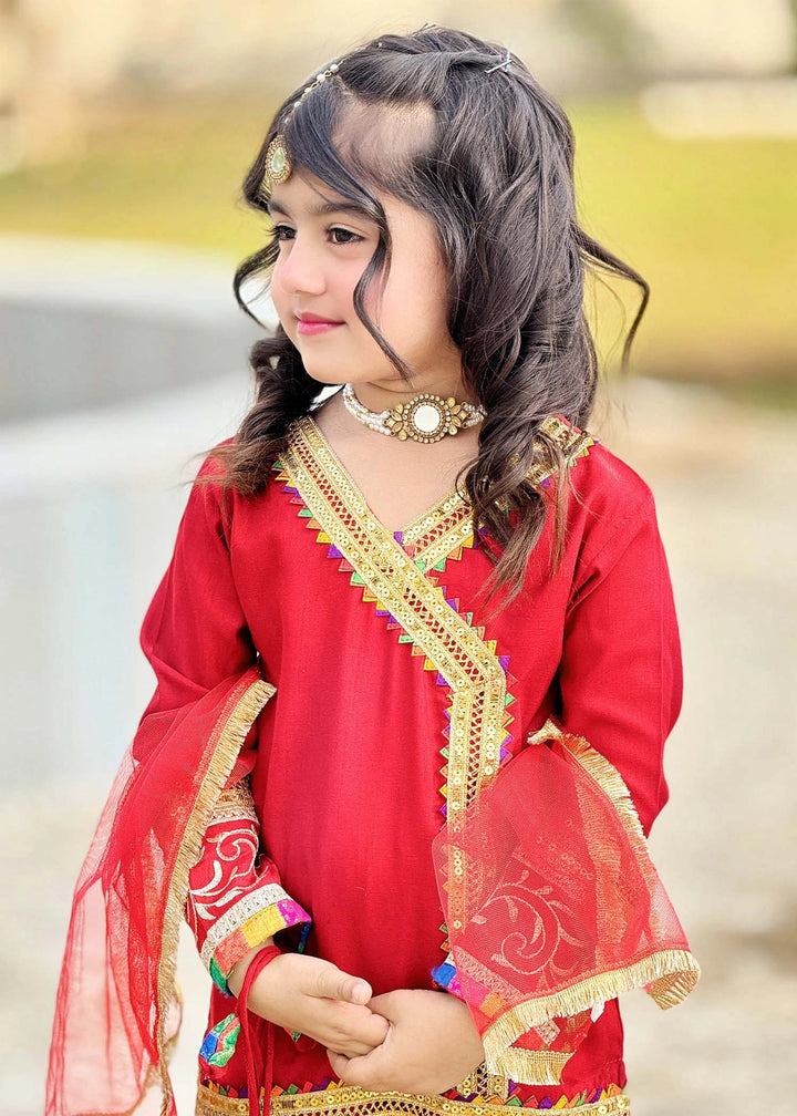 Modest - Raw Silk Wedding Dress For Girl - Red - 3 Piece