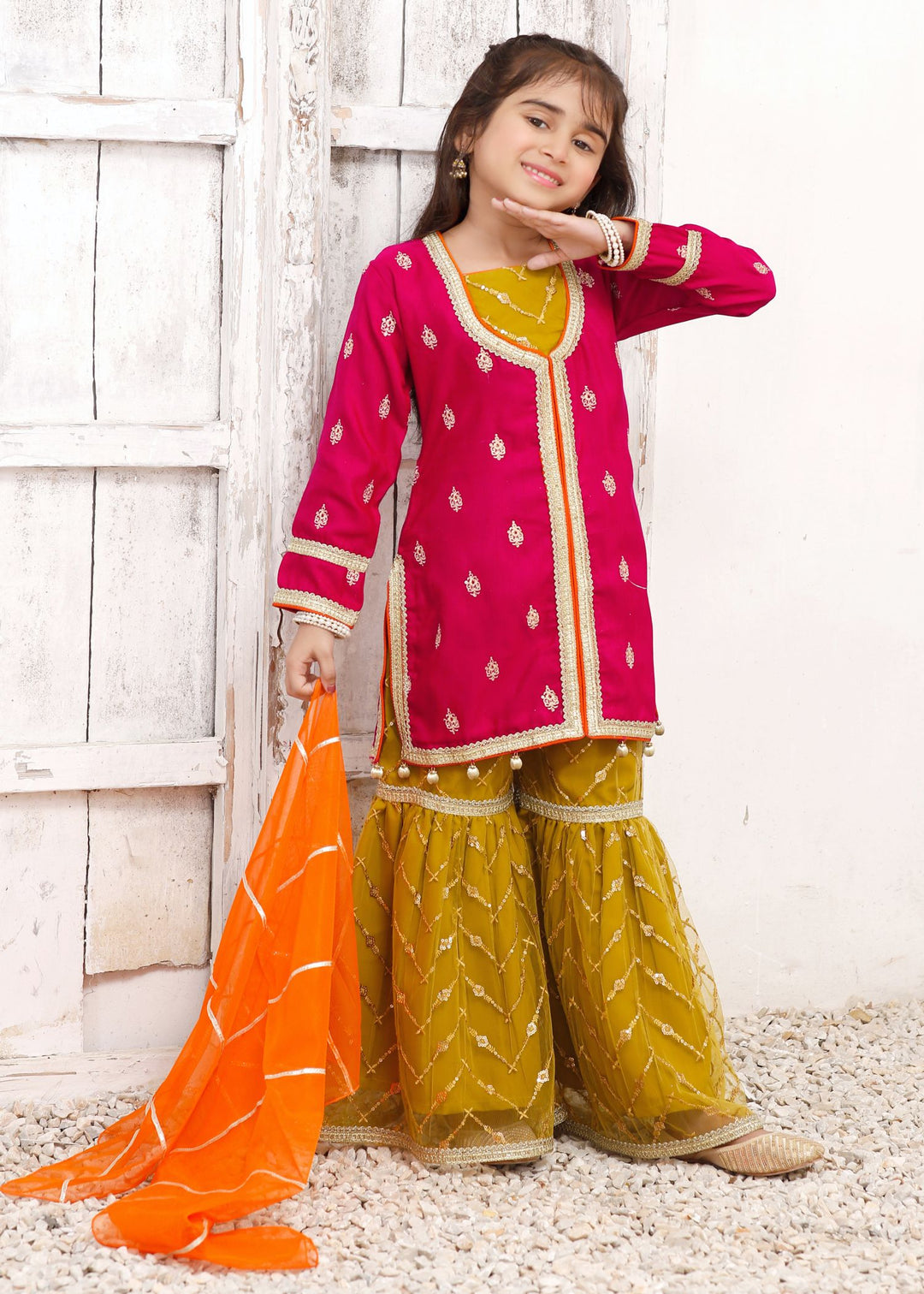 Modest - Rawsilk Embroidered Gharara For Girl -  3 Piece