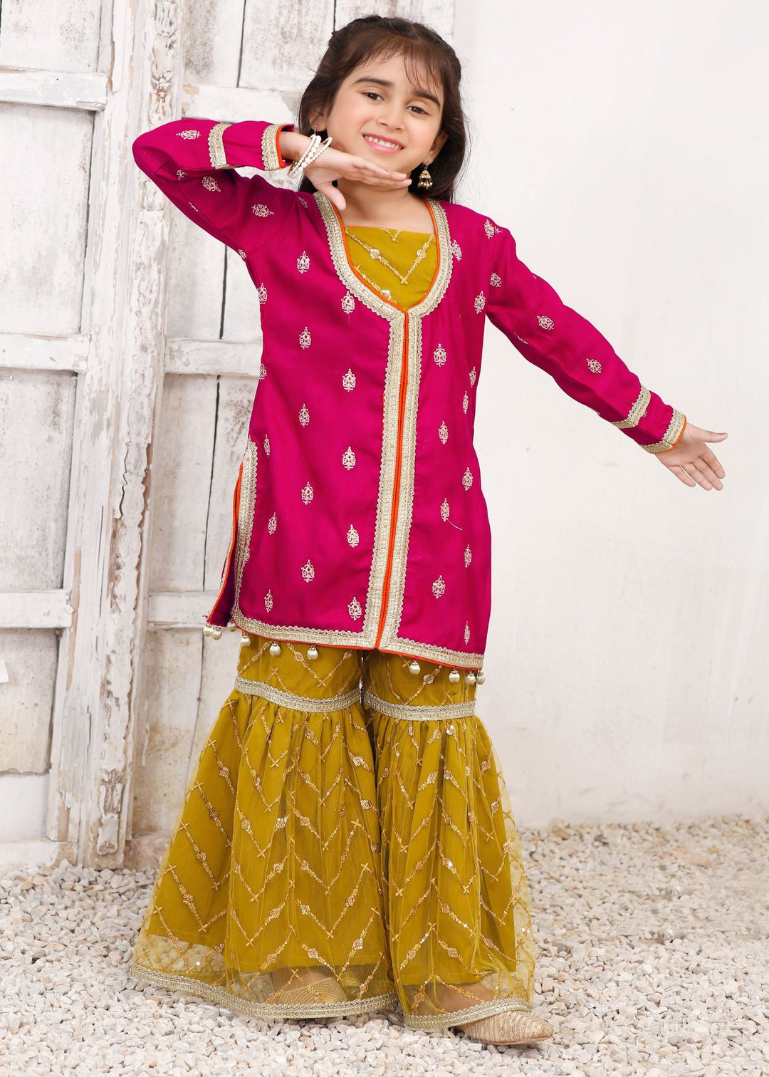 Modest - Rawsilk Embroidered Gharara For Girl -  3 Piece