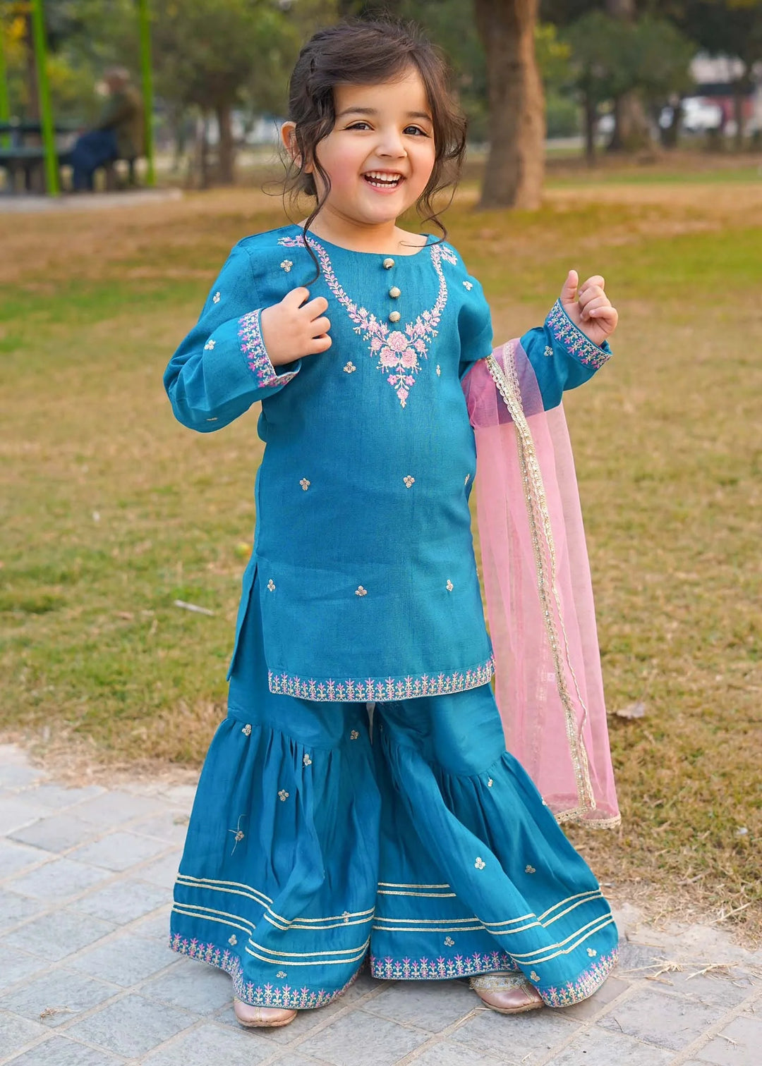 Modest - Rawsilk Embroidered Gharara For Girl -  3 Piece