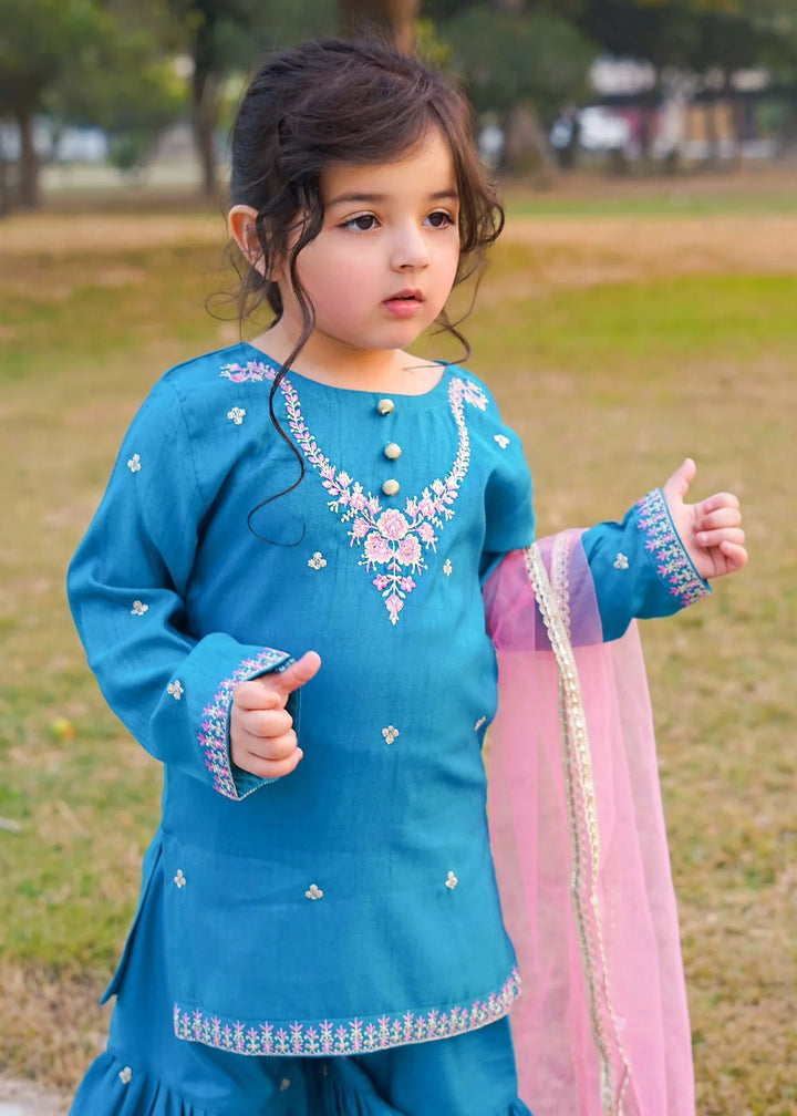 Modest - Rawsilk Embroidered Gharara For Girl -  3 Piece