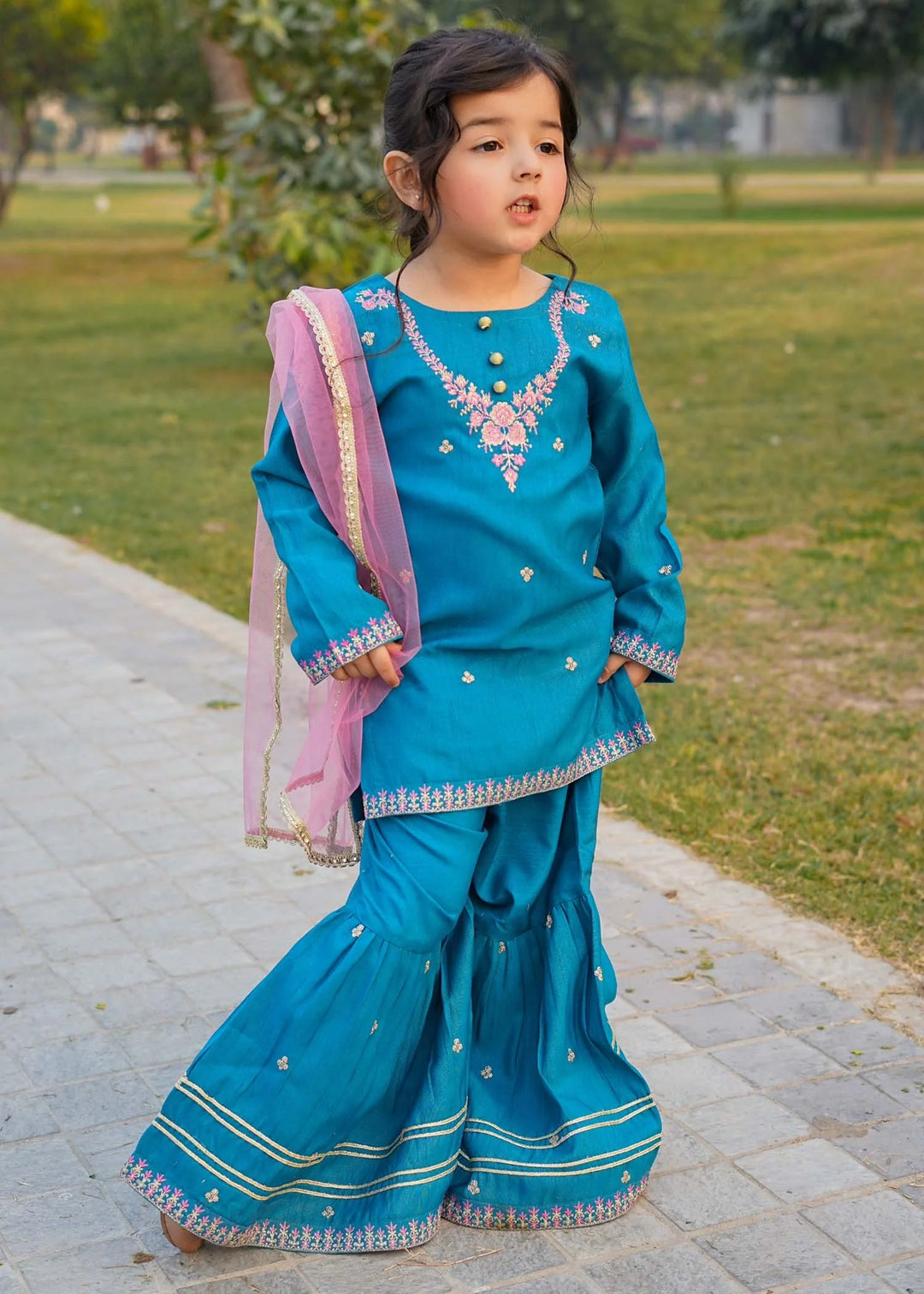 Modest - Rawsilk Embroidered Gharara For Girl -  3 Piece