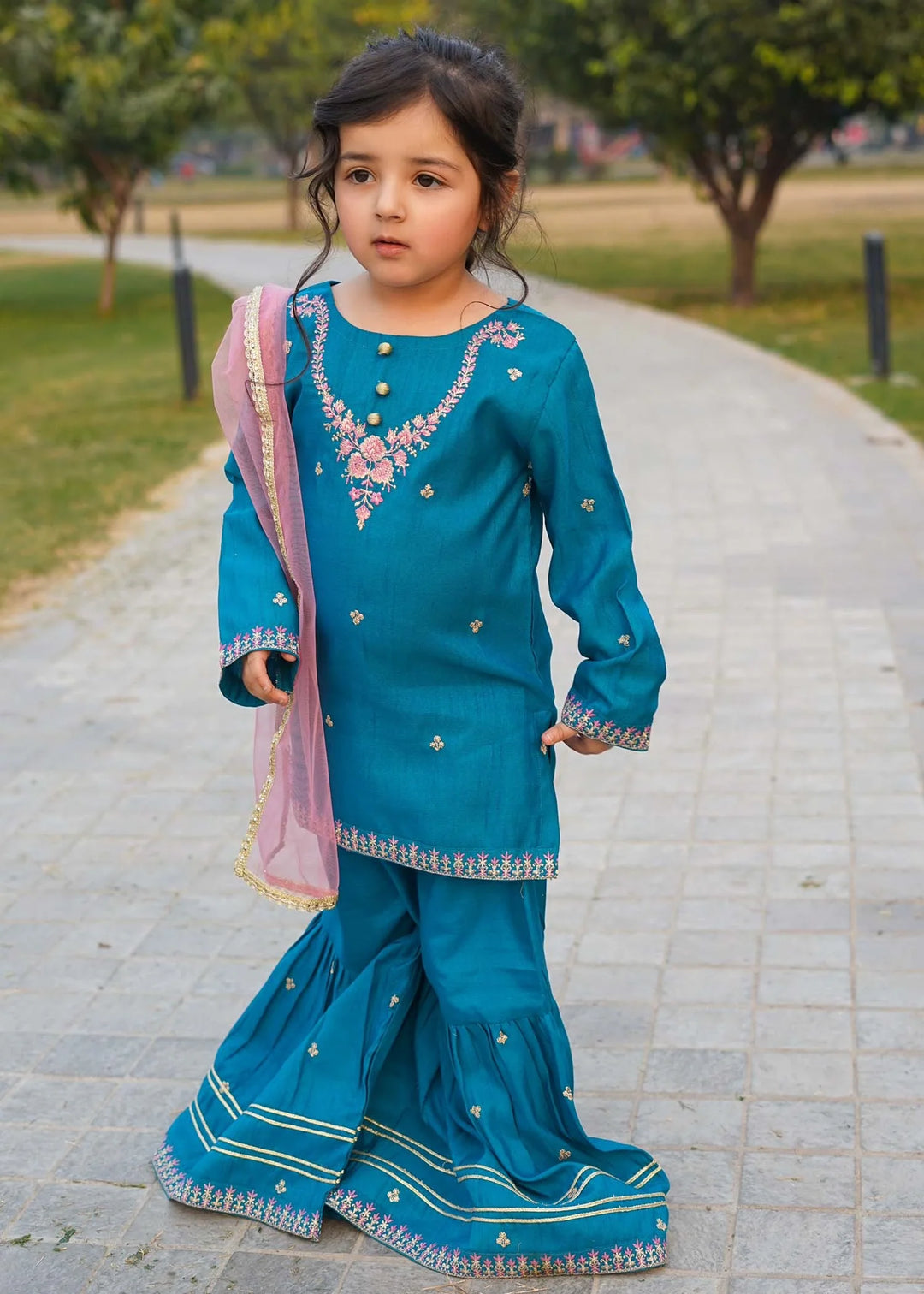 Modest - Rawsilk Embroidered Gharara For Girl -  3 Piece