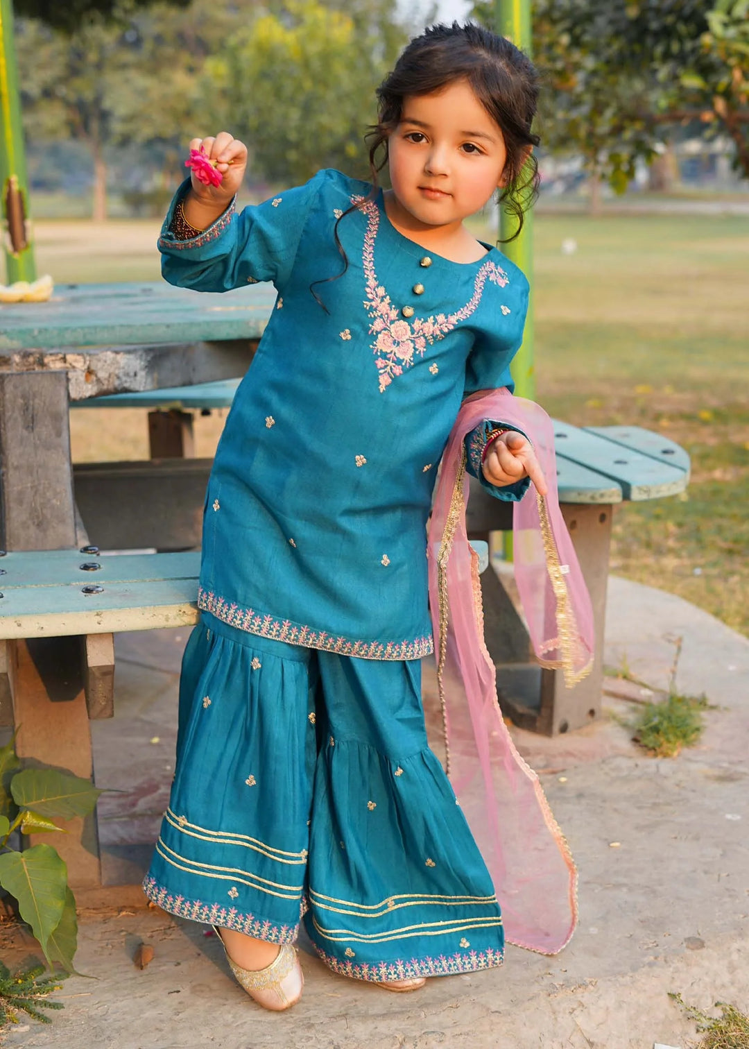 Modest - Rawsilk Embroidered Gharara For Girl -  3 Piece