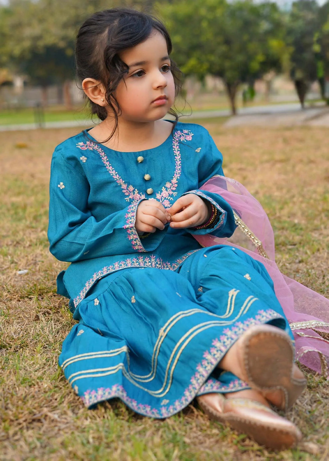 Modest - Rawsilk Embroidered Gharara For Girl -  3 Piece
