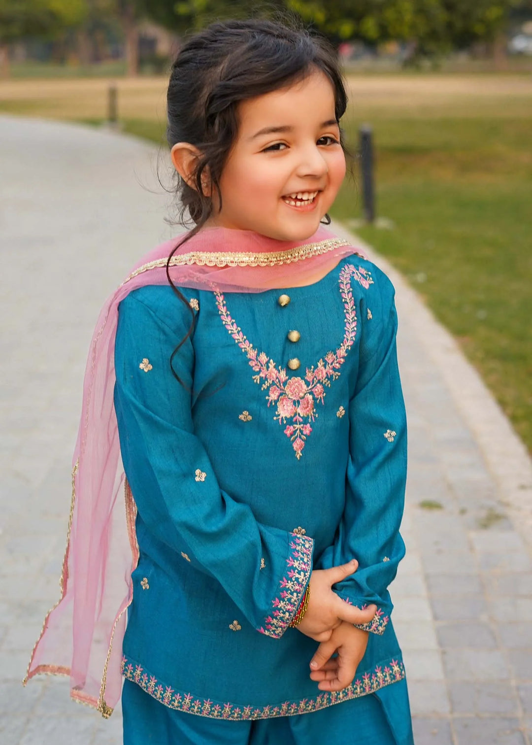 Modest - Rawsilk Embroidered Gharara For Girl -  3 Piece