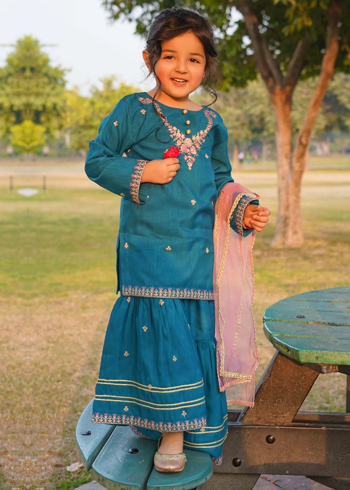 Modest - Rawsilk Embroidered Gharara For Girl -  3 Piece