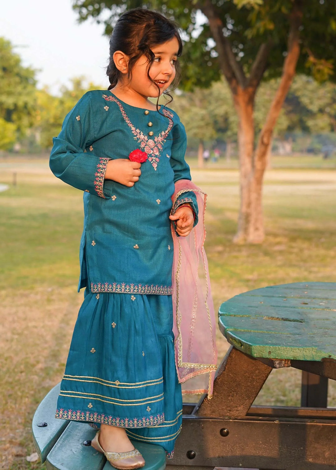 Modest - Rawsilk Embroidered Gharara For Girl -  3 Piece