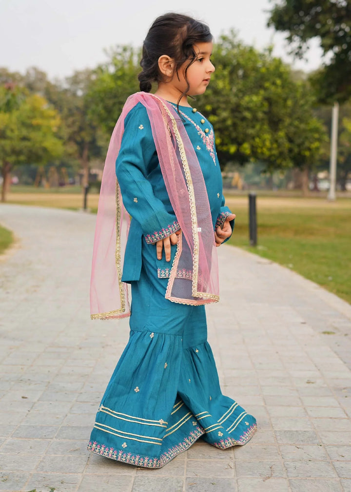 Modest - Rawsilk Embroidered Gharara For Girl -  3 Piece
