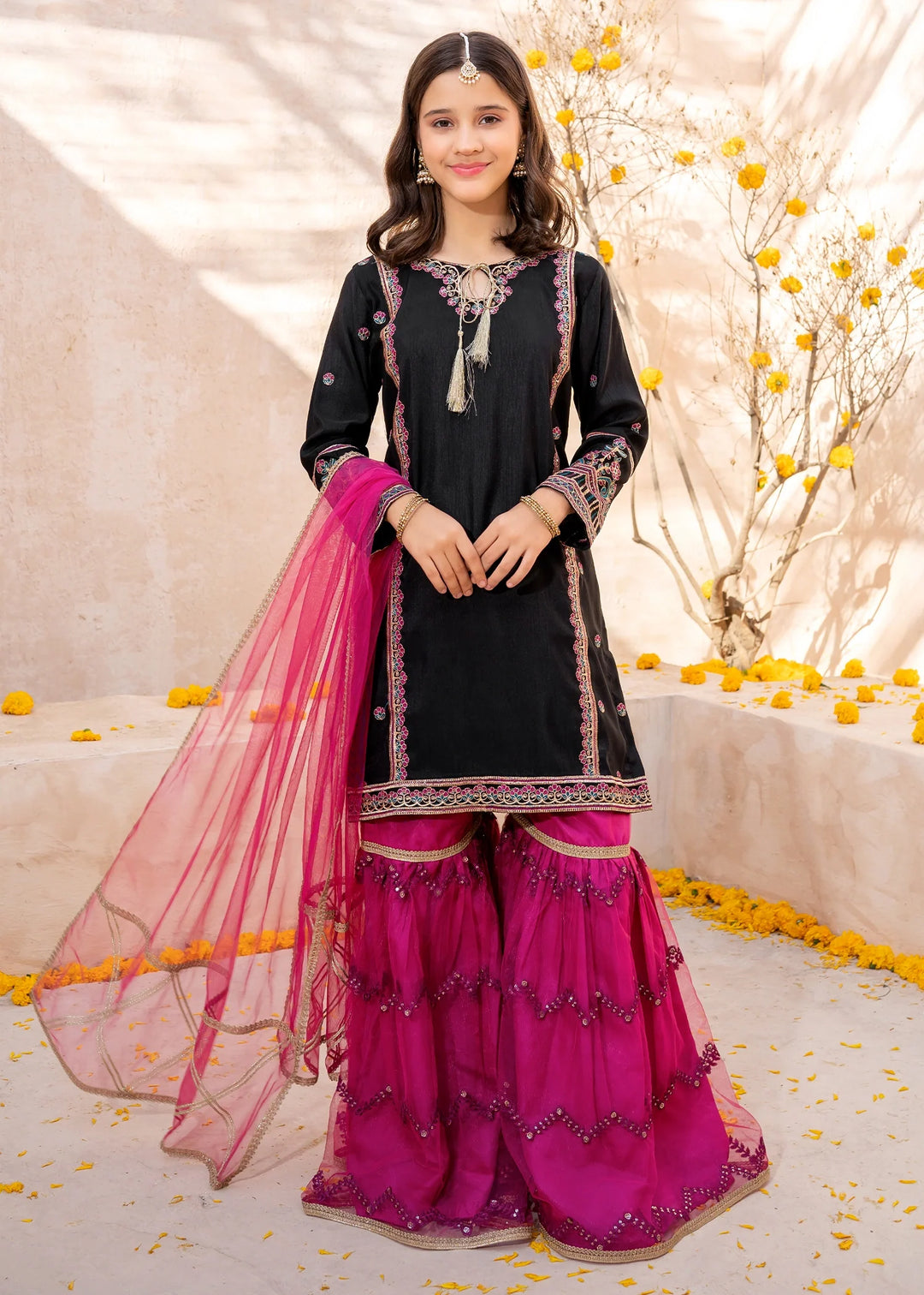 Modest - Rawsilk Embroidered Gharara For Girl - Black - 3 Piece