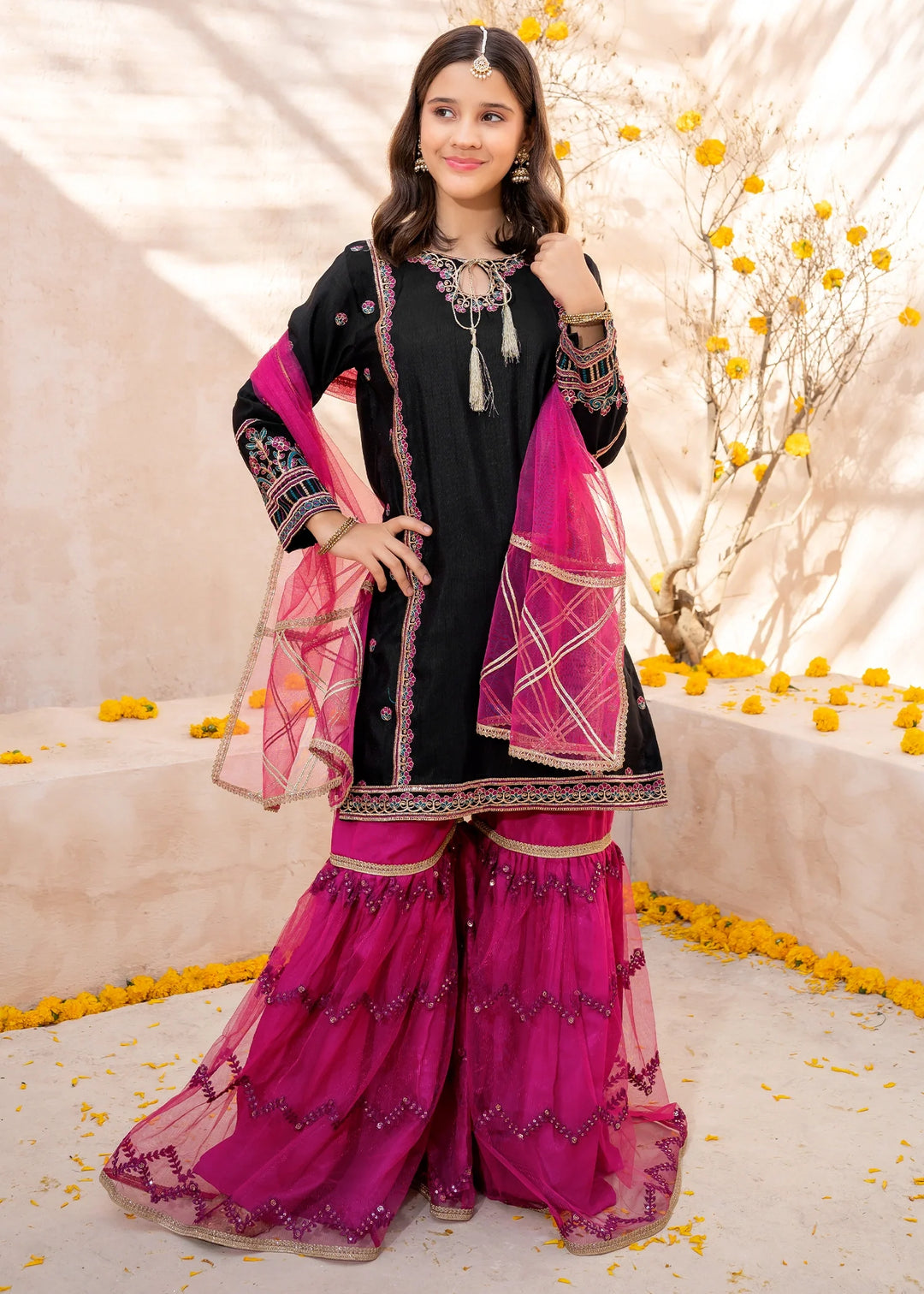 Modest - Rawsilk Embroidered Gharara For Girl - Black - 3 Piece