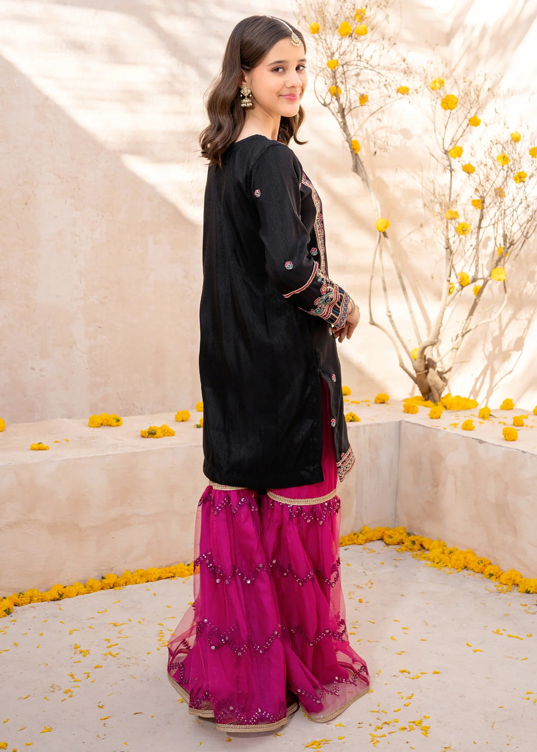 Modest - Rawsilk Embroidered Gharara For Girl - Black - 3 Piece