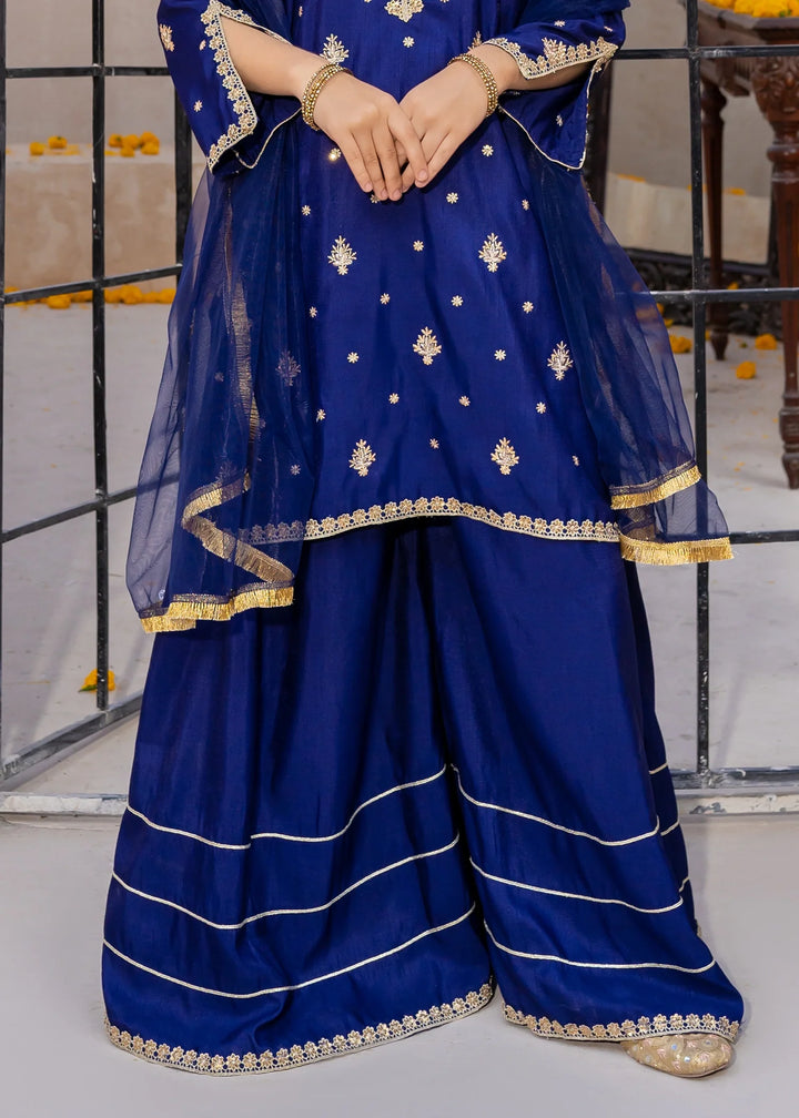 Modest - Rawsilk Embroidered Gharara For Girl - Blue - 3 Piece