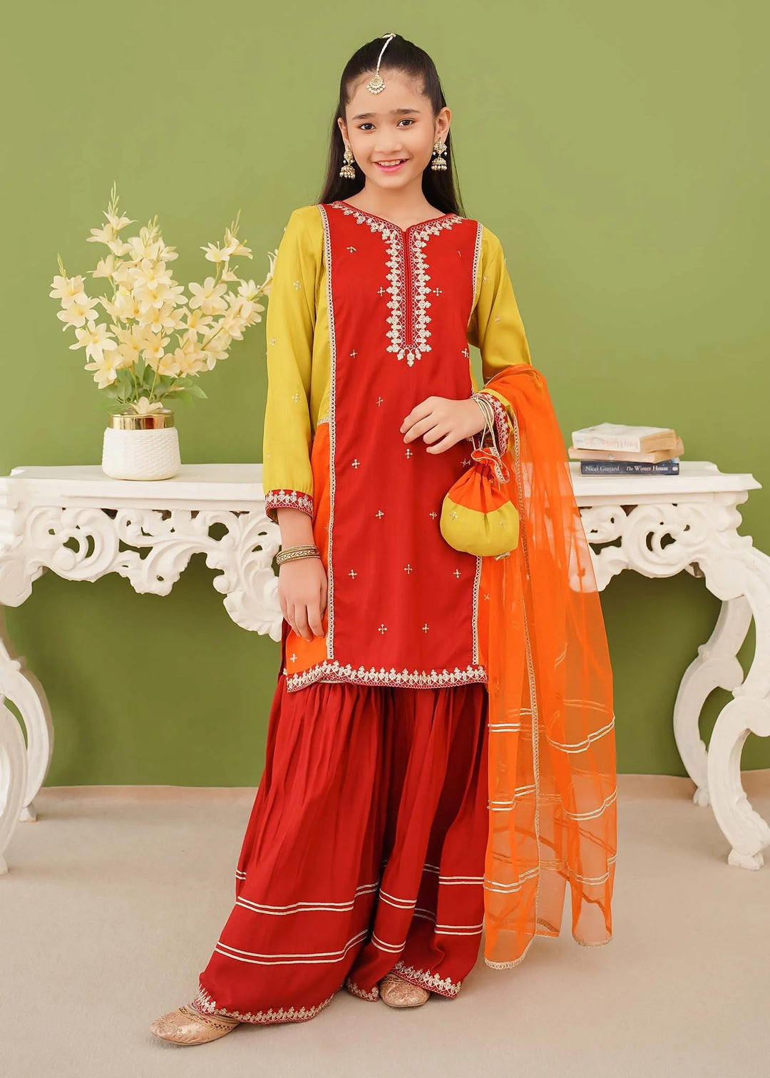 Modest - Rawsilk Embroidered Gharara For Girl - Multi - 3 Piece