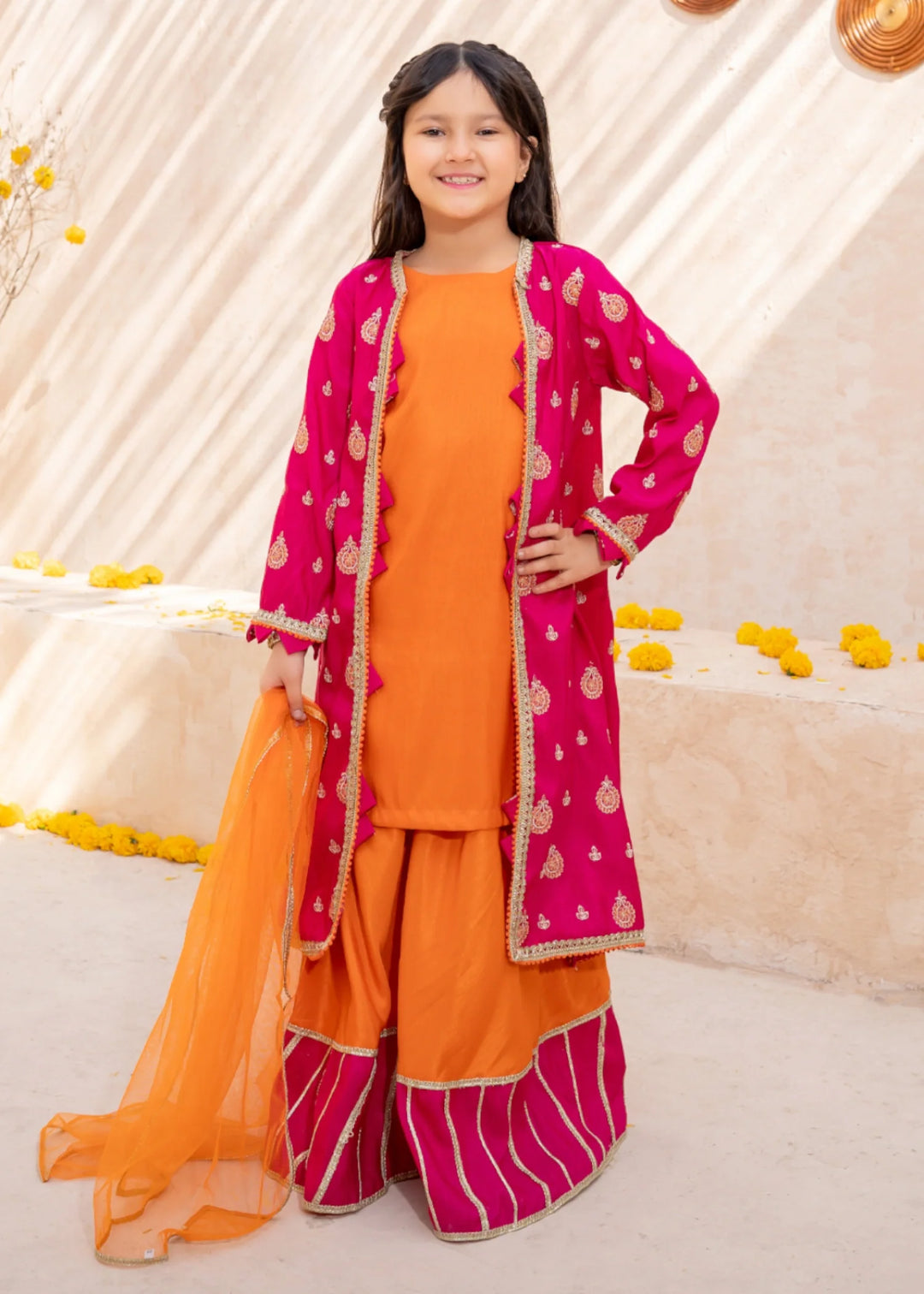 Modest - Rawsilk Embroidered Gharara For Girl - Orange - 3 Piece