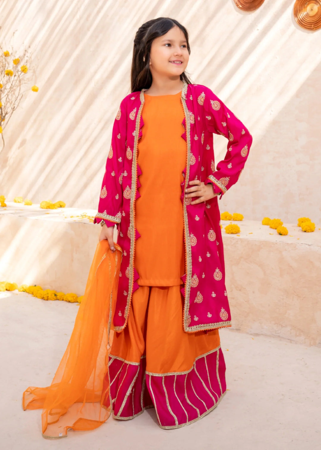 Modest - Rawsilk Embroidered Gharara For Girl - Orange - 3 Piece