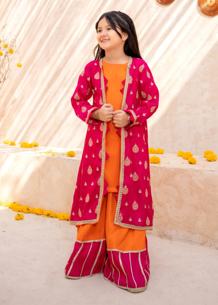 Modest - Rawsilk Embroidered Gharara For Girl - Orange - 3 Piece