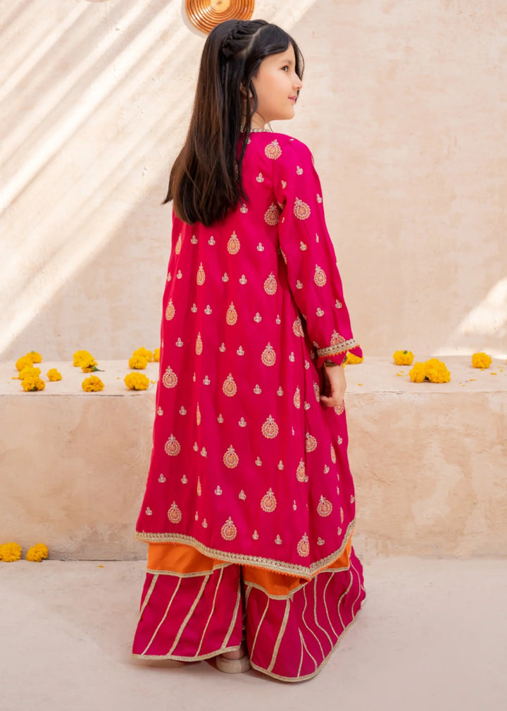Modest - Rawsilk Embroidered Gharara For Girl - Orange - 3 Piece