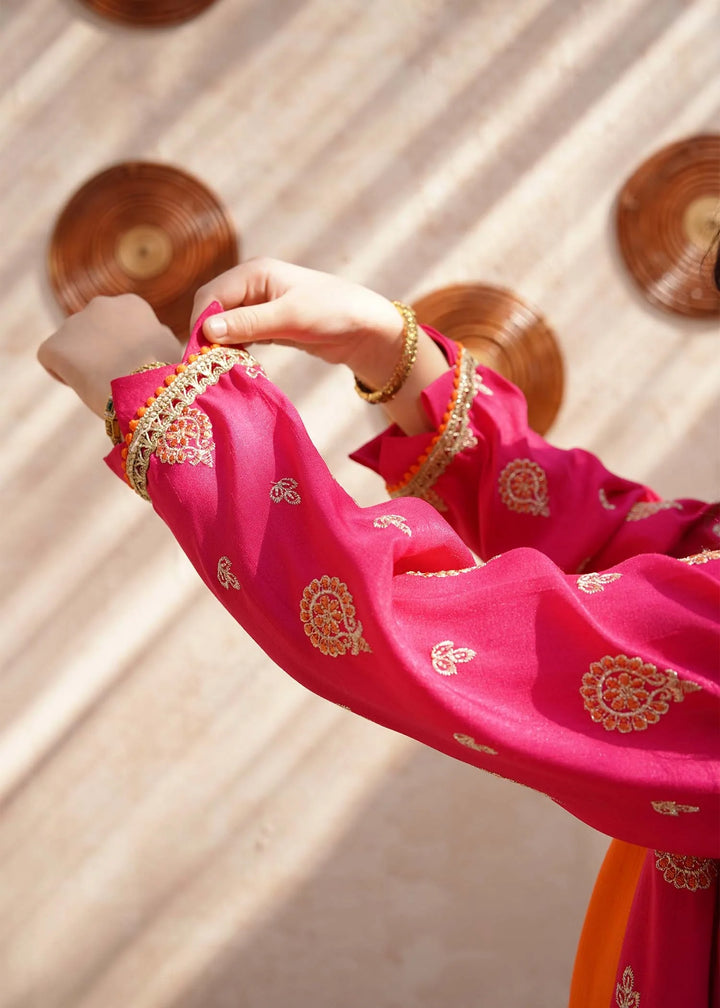 Modest - Rawsilk Embroidered Gharara For Girl - Orange - 3 Piece