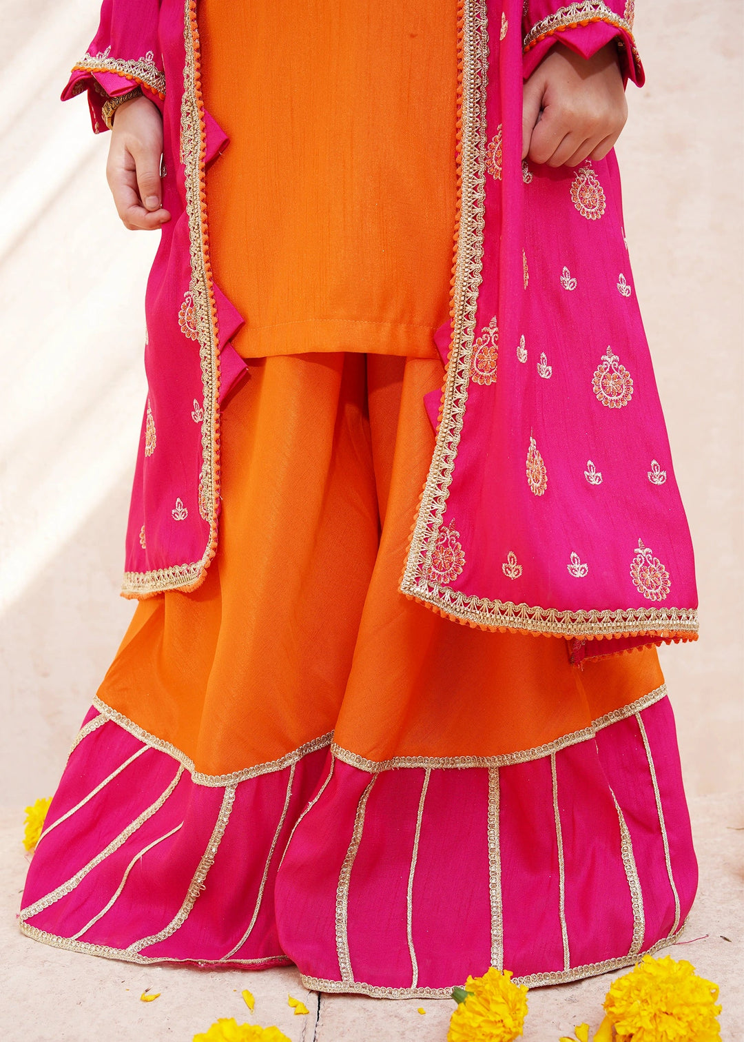 Modest - Rawsilk Embroidered Gharara For Girl - Orange - 3 Piece
