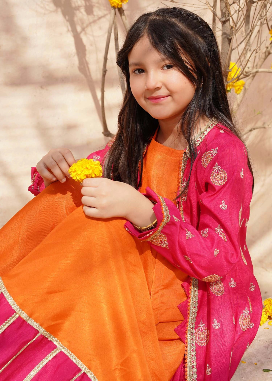 Modest - Rawsilk Embroidered Gharara For Girl - Orange - 3 Piece