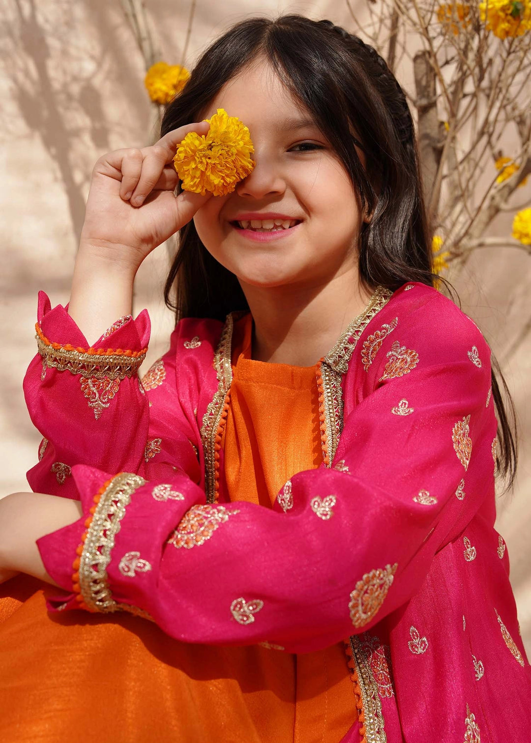 Modest - Rawsilk Embroidered Gharara For Girl - Orange - 3 Piece