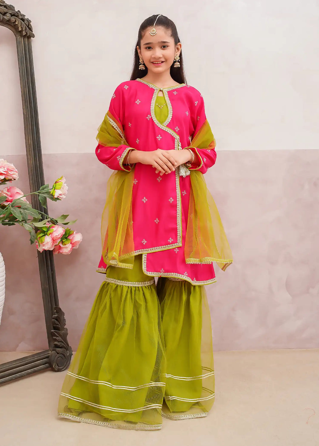 Modest - Rawsilk Embroidered Gharara For Girl - Pink - 3 Piece