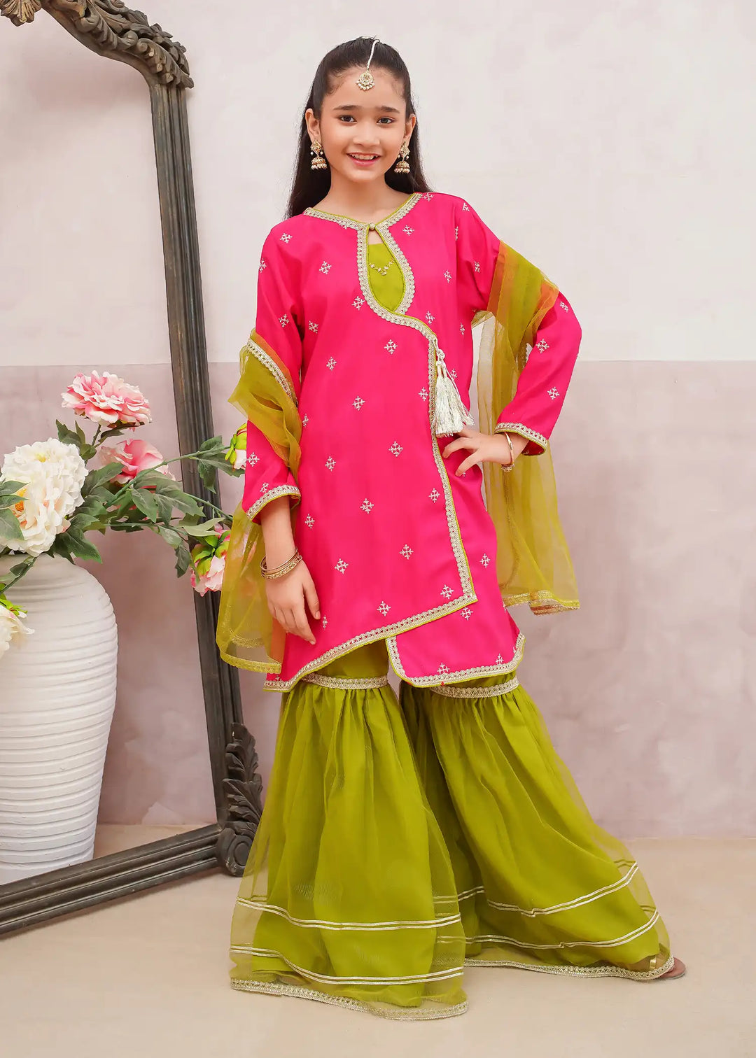 Modest - Rawsilk Embroidered Gharara For Girl - Pink - 3 Piece