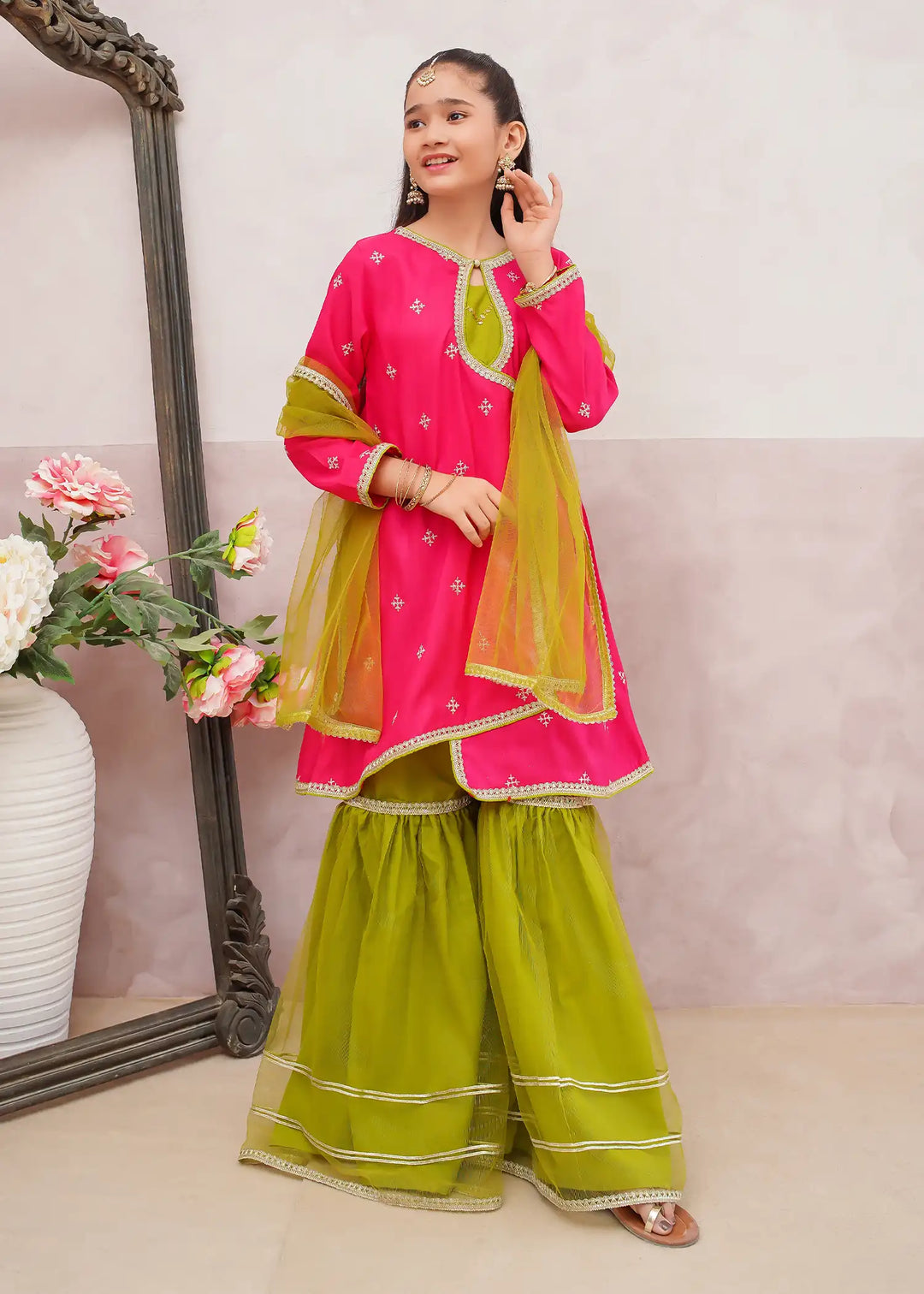 Modest - Rawsilk Embroidered Gharara For Girl - Pink - 3 Piece