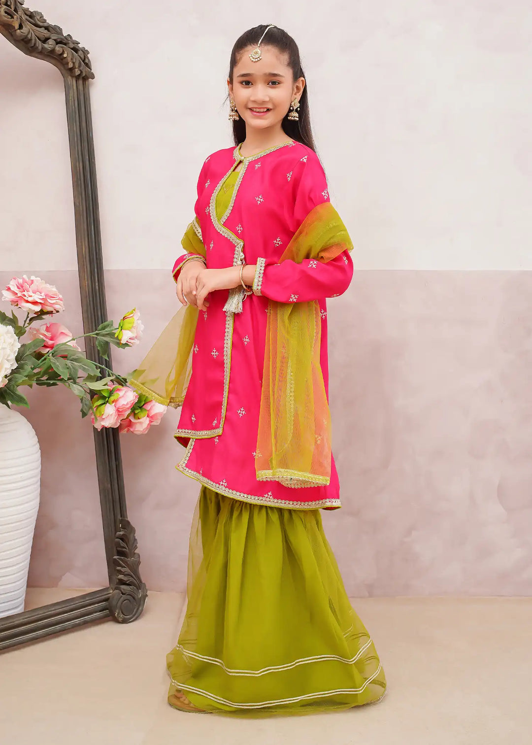 Modest - Rawsilk Embroidered Gharara For Girl - Pink - 3 Piece