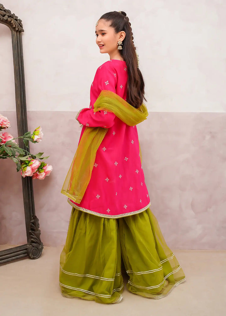 Modest - Rawsilk Embroidered Gharara For Girl - Pink - 3 Piece