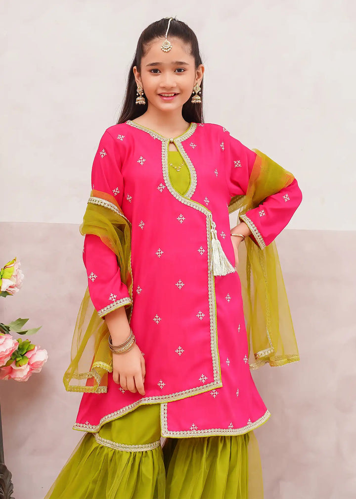 Modest - Rawsilk Embroidered Gharara For Girl - Pink - 3 Piece