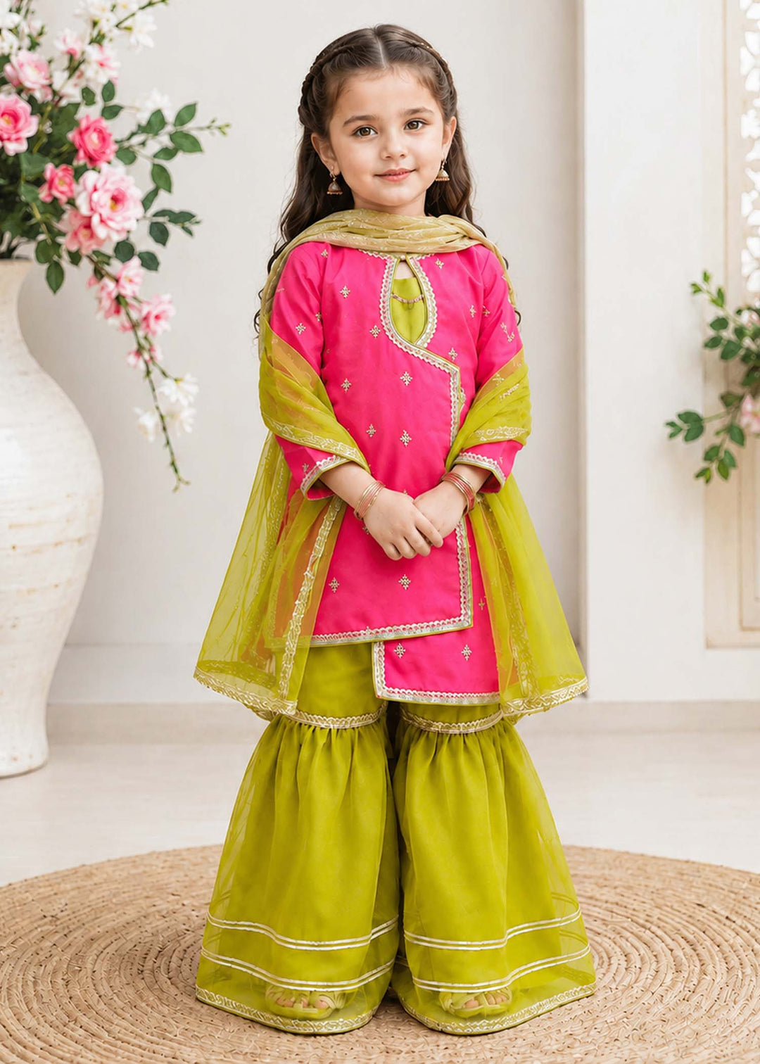Modest - Rawsilk Embroidered Gharara For Girl - Pink - 3 Piece