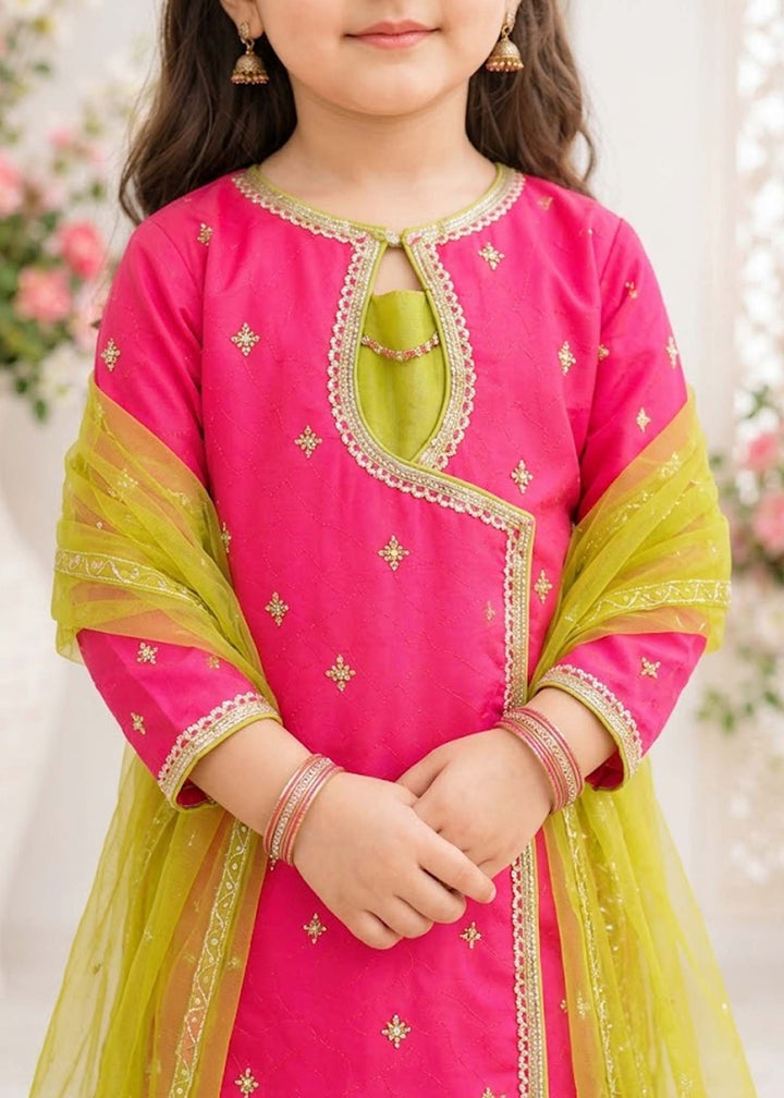 Modest - Rawsilk Embroidered Gharara For Girl - Pink - 3 Piece