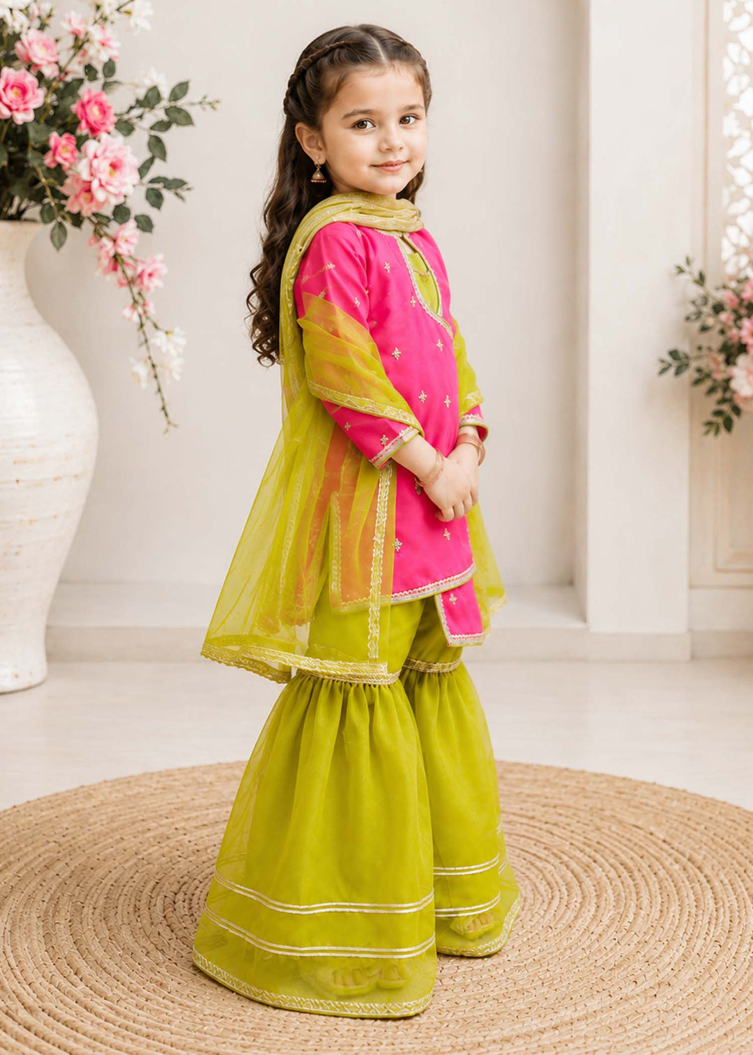 Modest - Rawsilk Embroidered Gharara For Girl - Pink - 3 Piece