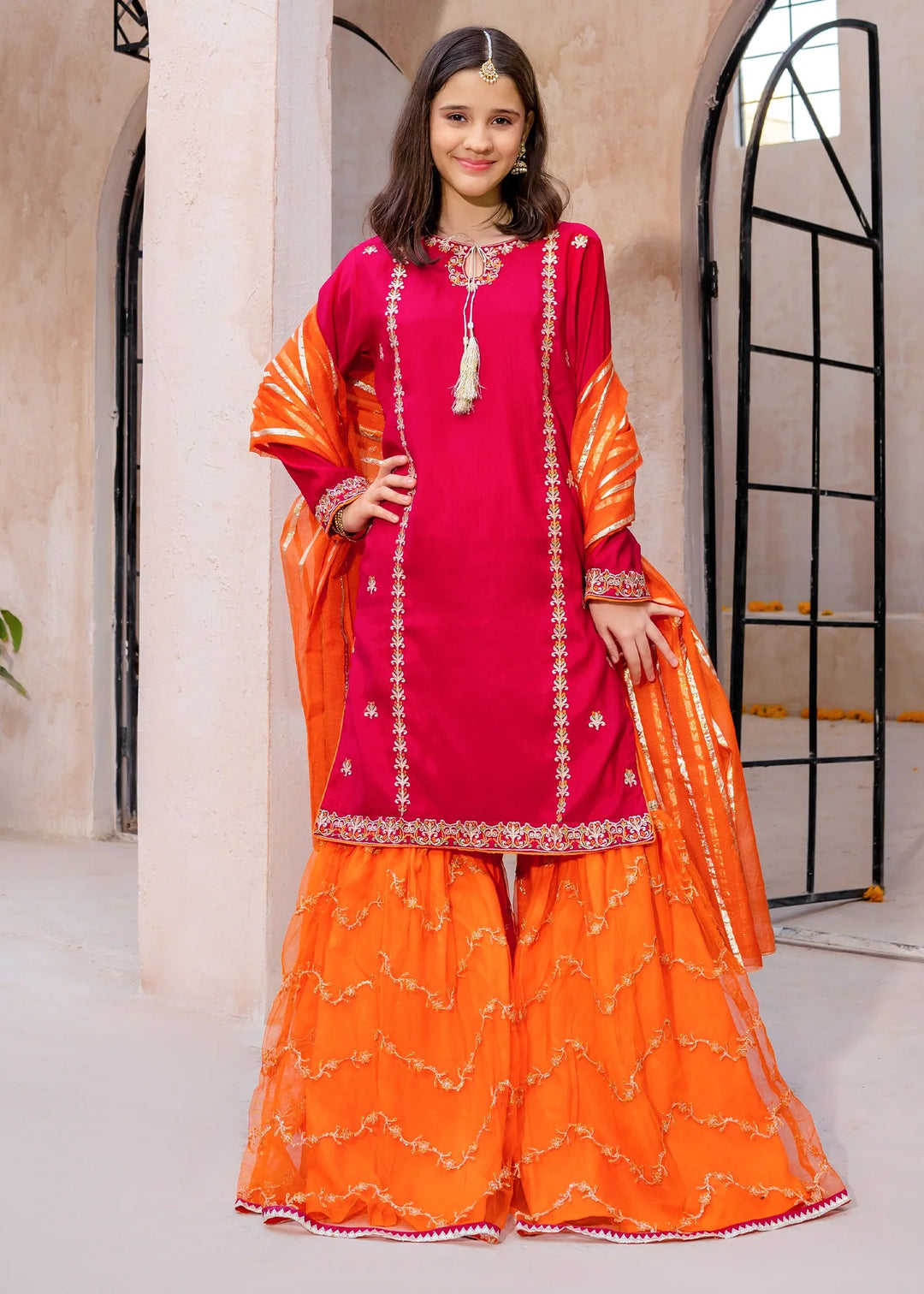 Modest - Rawsilk Gharara For Girl - Pink - 3 Piece