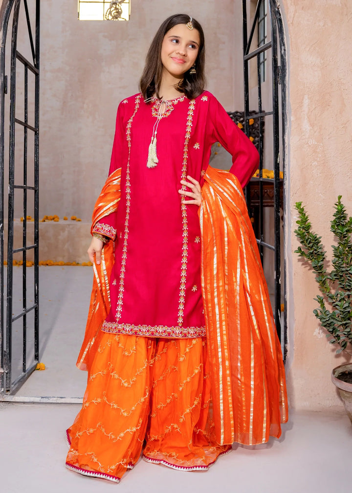 Modest - Rawsilk Gharara For Girl - Pink - 3 Piece