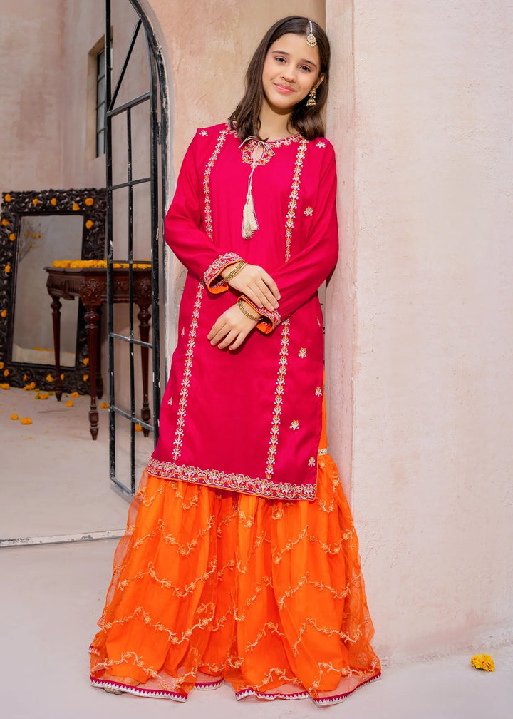 Modest - Rawsilk Gharara For Girl - Pink - 3 Piece