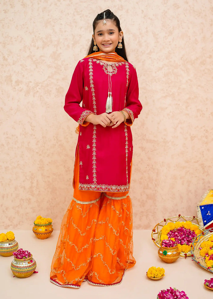 Modest - Rawsilk Gharara For Girl - Pink - 3 Piece