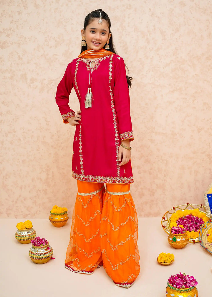 Modest - Rawsilk Gharara For Girl - Pink - 3 Piece