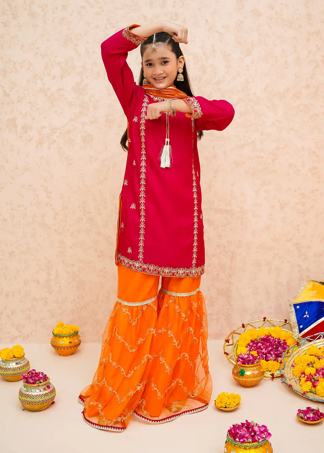 Modest - Rawsilk Gharara For Girl - Pink - 3 Piece