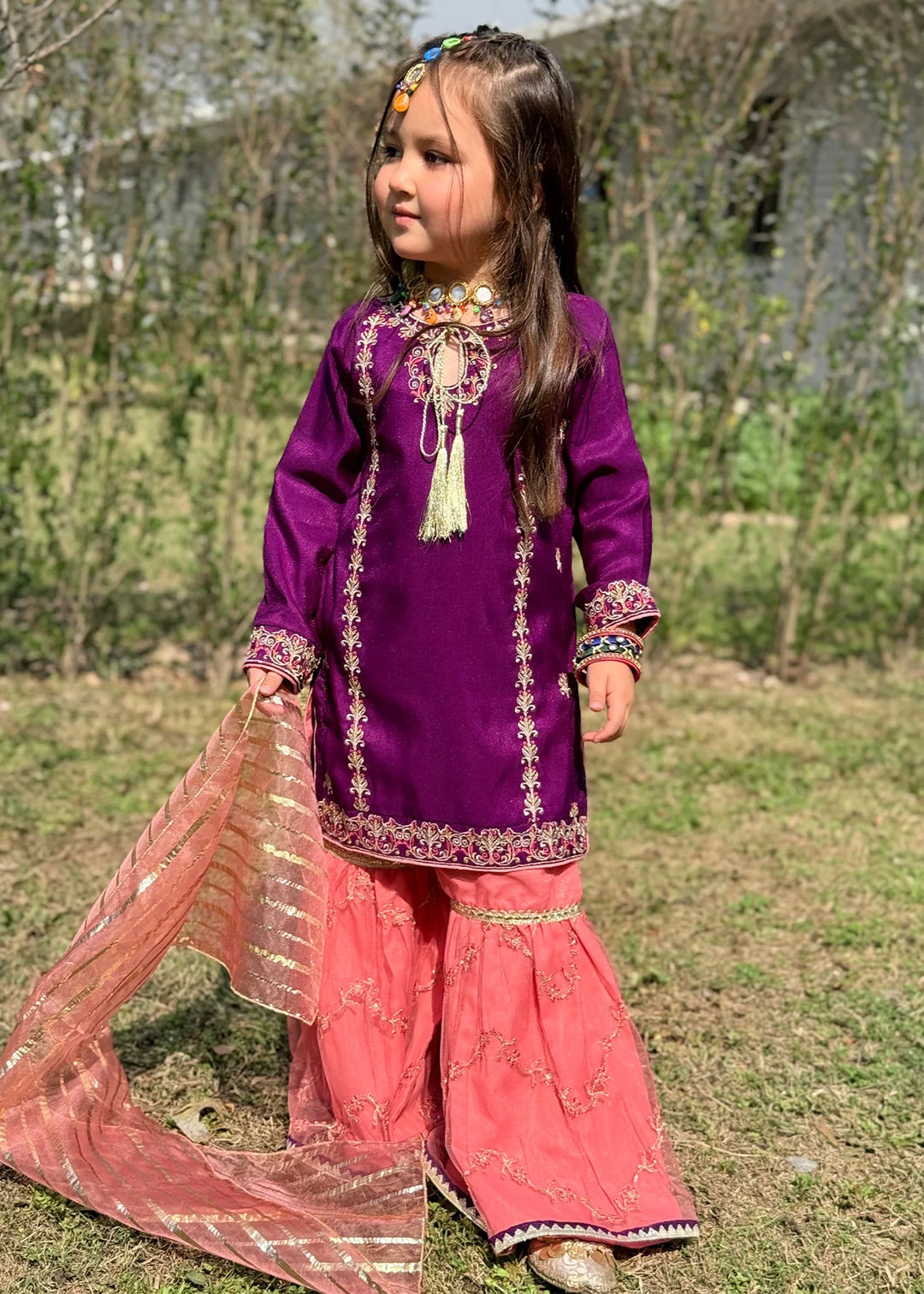 Modest - Rawsilk Gharara For Girl - Purple - 3 Piece