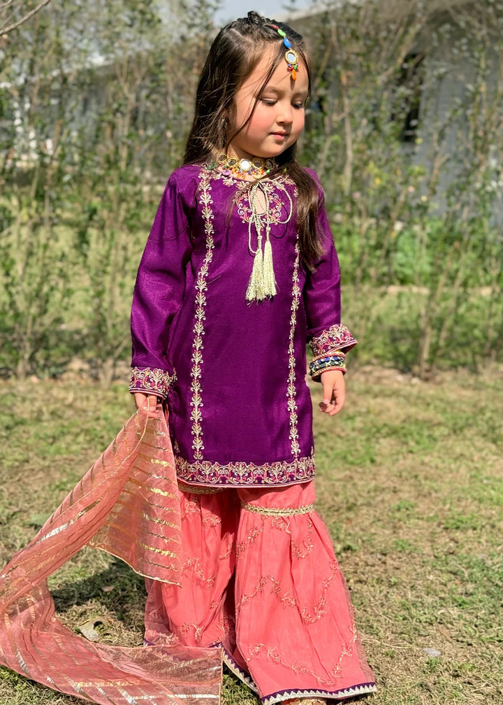 Modest - Rawsilk Gharara For Girl - Purple - 3 Piece