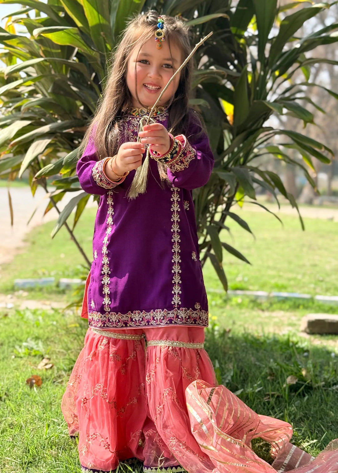 Modest - Rawsilk Gharara For Girl - Purple - 3 Piece
