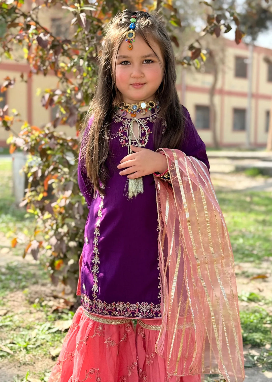 Modest - Rawsilk Gharara For Girl - Purple - 3 Piece