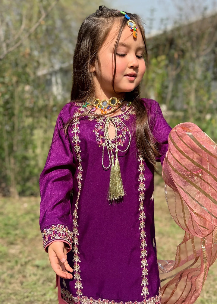 Modest - Rawsilk Gharara For Girl - Purple - 3 Piece