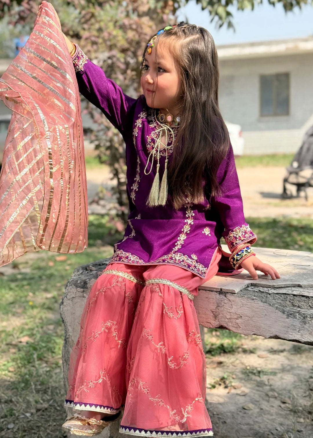 Modest - Rawsilk Gharara For Girl - Purple - 3 Piece