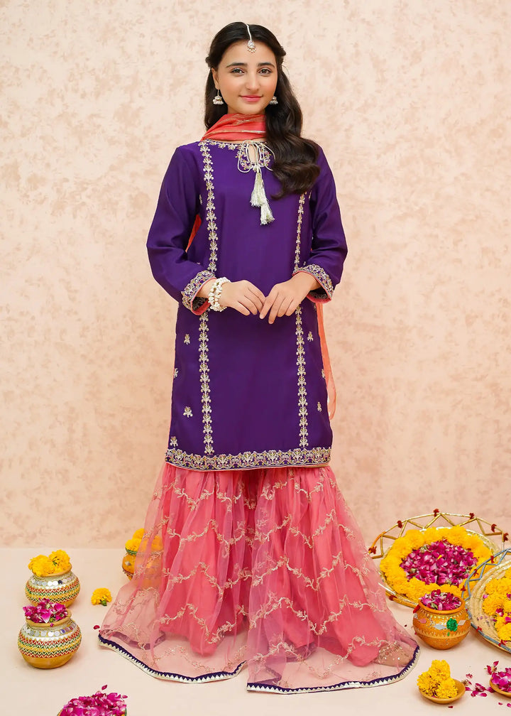 Modest - Rawsilk Gharara For Girl - Purple - 3 Piece